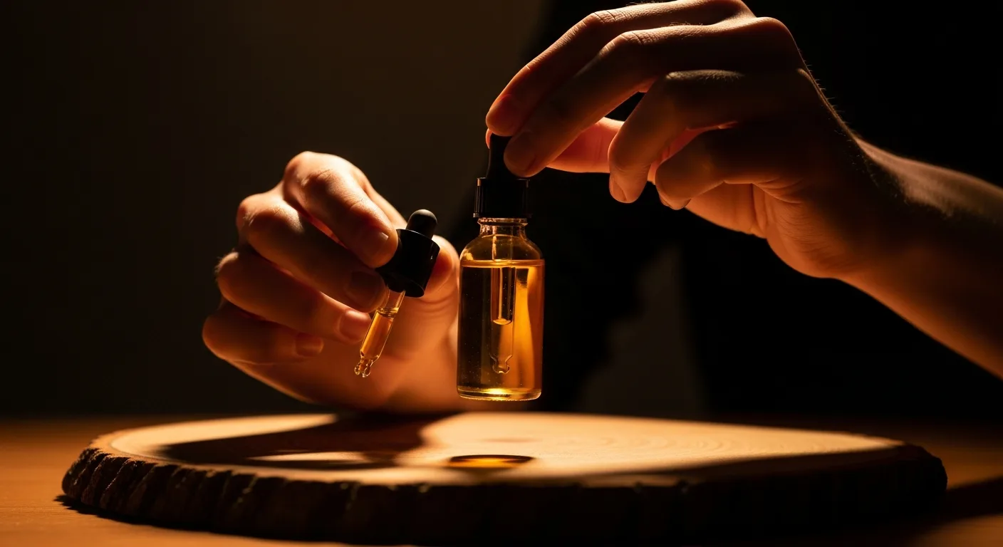 Flacon d'huile de CBD avec certificat d'analyse laboratoire sur fond naturel