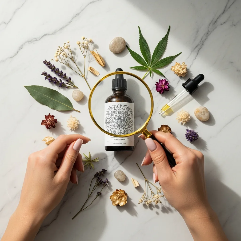Loupe vérifiant étiquette produit CBD avec informations traçabilité